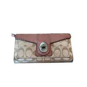 Coach Signature Canvas wallet with pink snakeskin-embossed leather trim